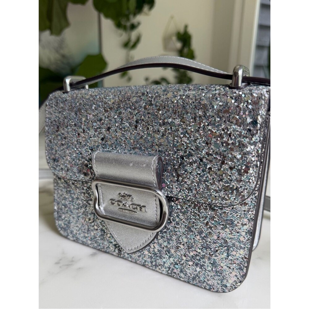 Coach Morgan Square Crossbody Shoulder Bag in Silver Glitter Leather CO925 - Picture 11 of 16